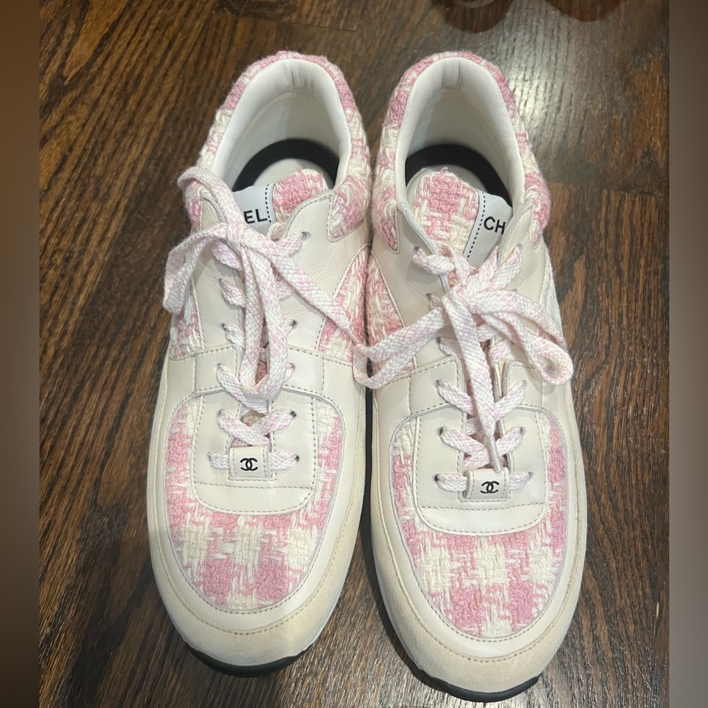 Chanel Pink and Cream Tweed Sneakers
